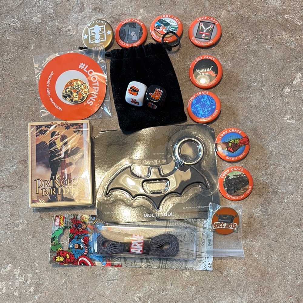 Loot Crate Collectible Set. Items from over the years.